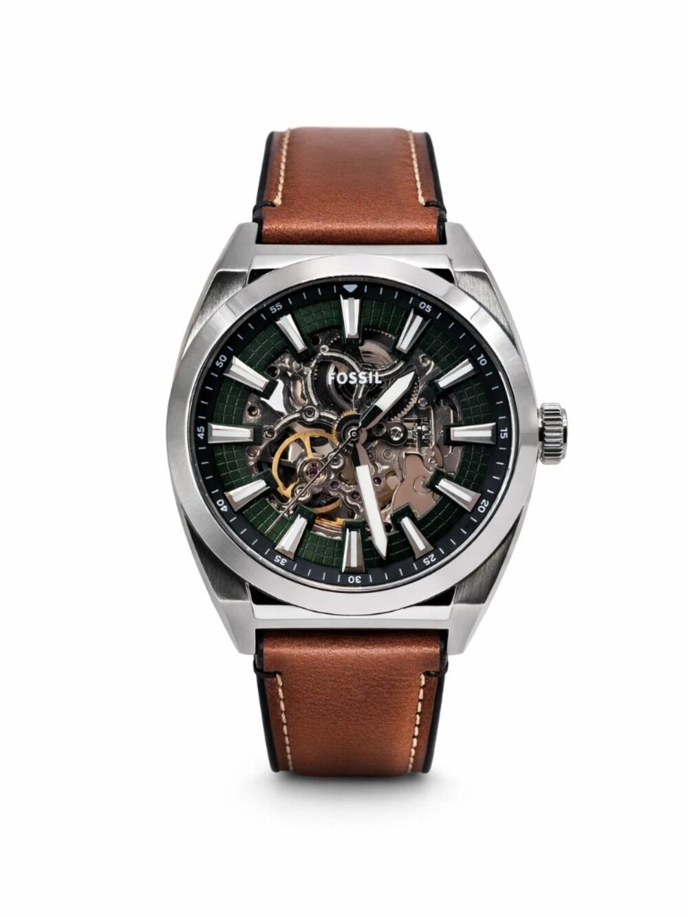 Fossil Everett Men's Automatic Green Skeleton Dial Brown Leather Watch ME3261